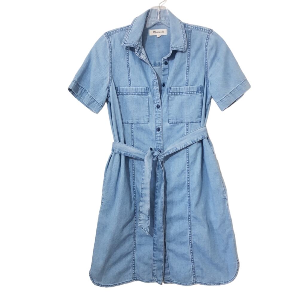 Madewell Denim Seamed Courier Tie Waist Shirtdress Chambray Button Front Dress